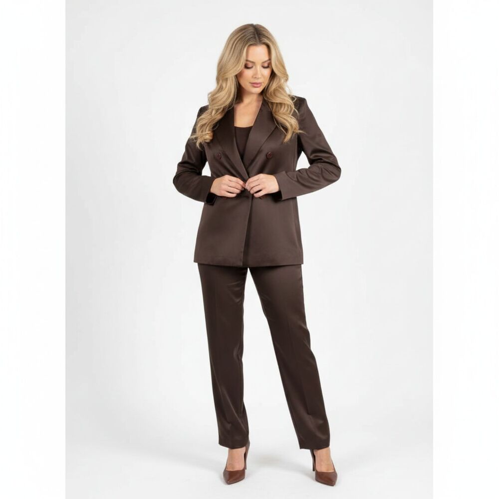 Via Seta 100% Silk Brown Jacket Blazer & Pant Suit 10